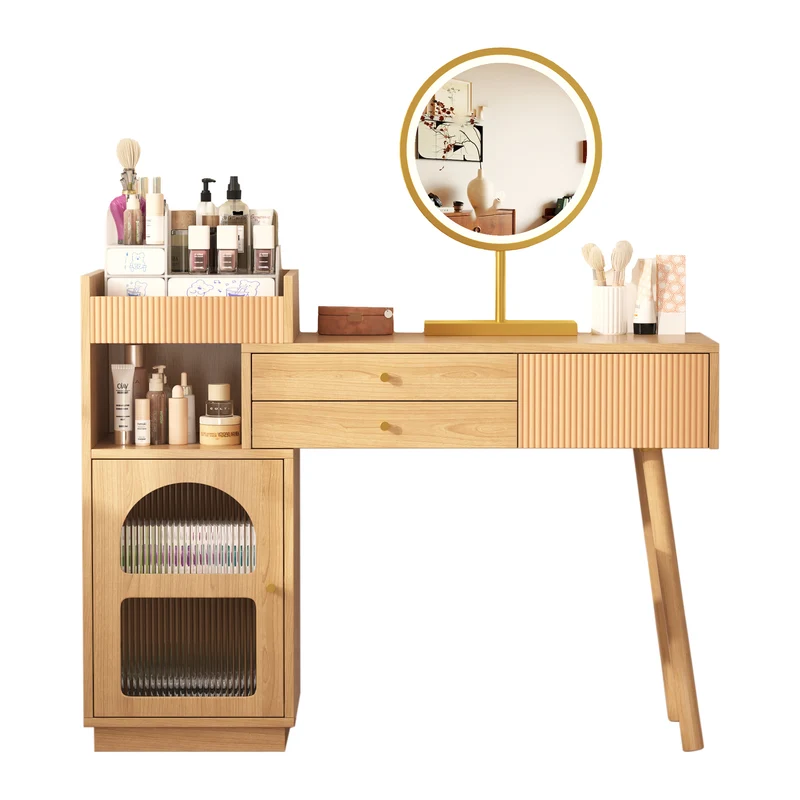 Coiffeuse moderne effet bois avec un miroir LED d'éclairage, 3 tiroirs et une armoire latérale (sans tabouret) IMMUNE