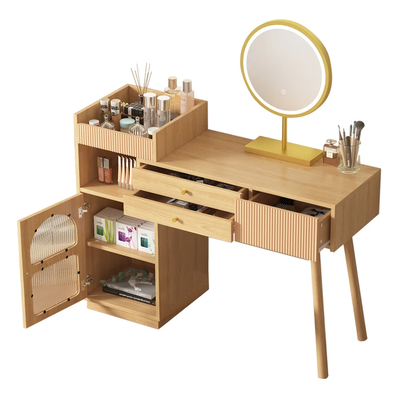 Coiffeuse moderne effet bois avec un miroir LED d'éclairage, 3 tiroirs et une armoire latérale (sans tabouret) IMMUNE