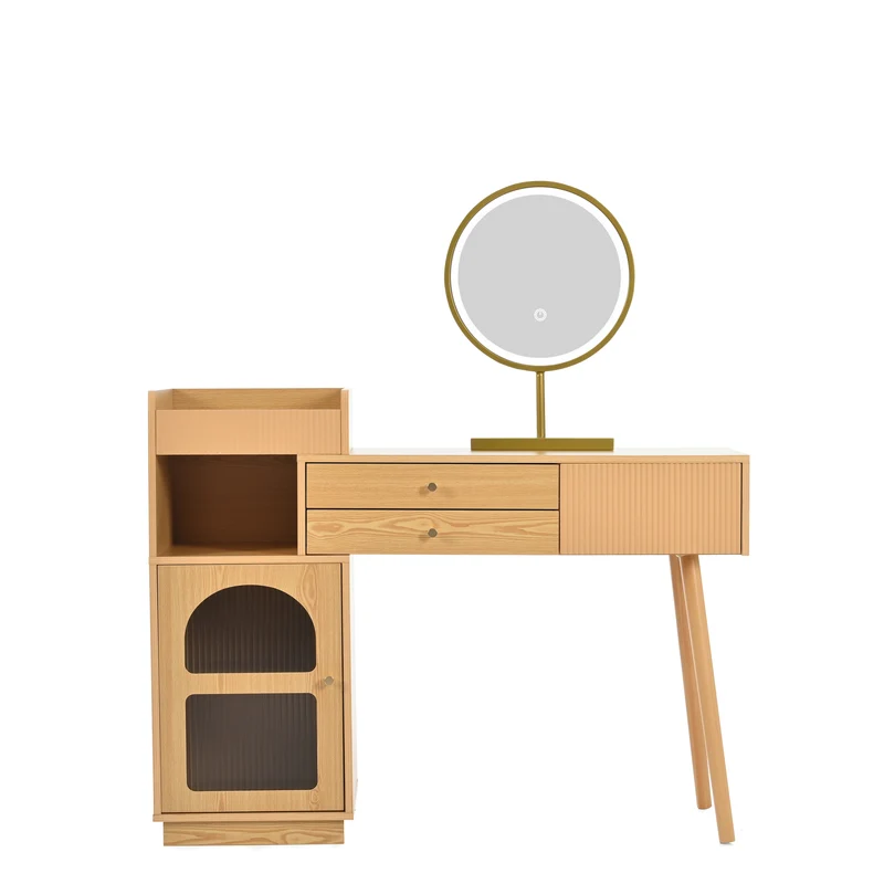 Coiffeuse moderne effet bois avec un miroir LED d'éclairage, 3 tiroirs et une armoire latérale (sans tabouret) IMMUNE