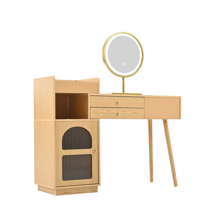 Coiffeuse moderne effet bois avec un miroir LED d'éclairage, 3 tiroirs et une armoire latérale (sans tabouret) IMMUNE