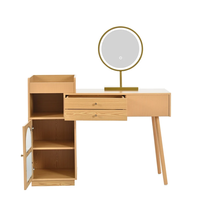 Coiffeuse moderne effet bois avec un miroir LED d'éclairage, 3 tiroirs et une armoire latérale (sans tabouret) IMMUNE