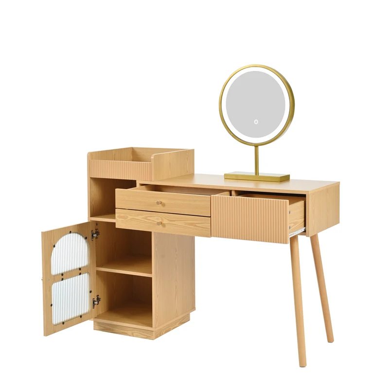 Coiffeuse moderne effet bois avec un miroir LED d'éclairage, 3 tiroirs et une armoire latérale (sans tabouret) IMMUNE
