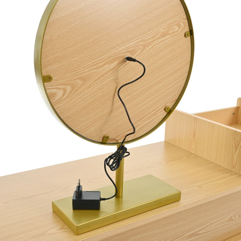 Coiffeuse moderne effet bois avec un miroir LED d'éclairage, 3 tiroirs et une armoire latérale (sans tabouret) IMMUNE
