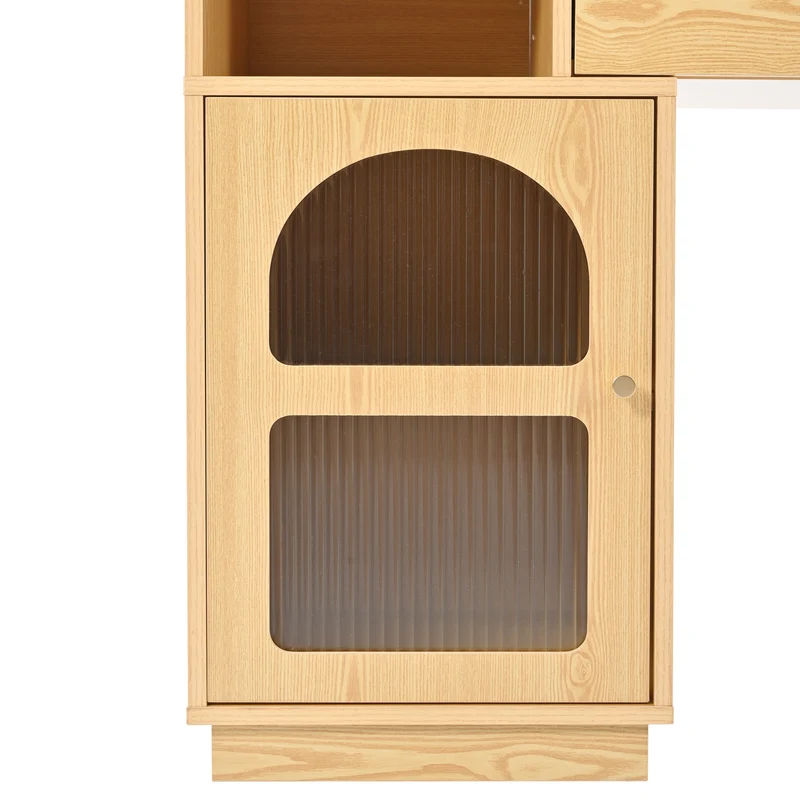 Coiffeuse moderne effet bois avec un miroir LED d'éclairage, 3 tiroirs et une armoire latérale (sans tabouret) IMMUNE