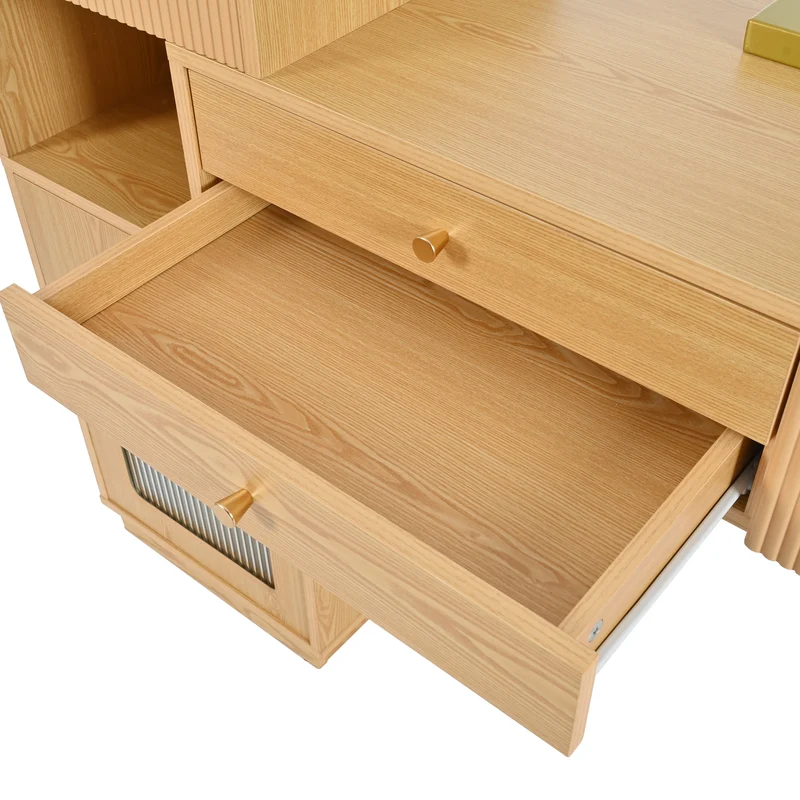 Coiffeuse moderne effet bois avec un miroir LED d'éclairage, 3 tiroirs et une armoire latérale (sans tabouret) IMMUNE