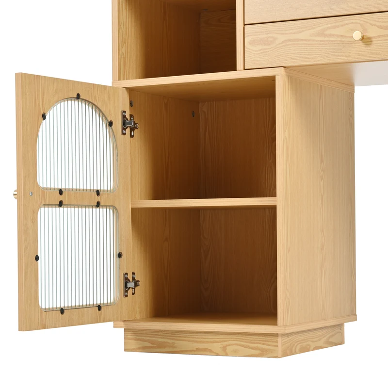 Coiffeuse moderne effet bois avec un miroir LED d'éclairage, 3 tiroirs et une armoire latérale (sans tabouret) IMMUNE