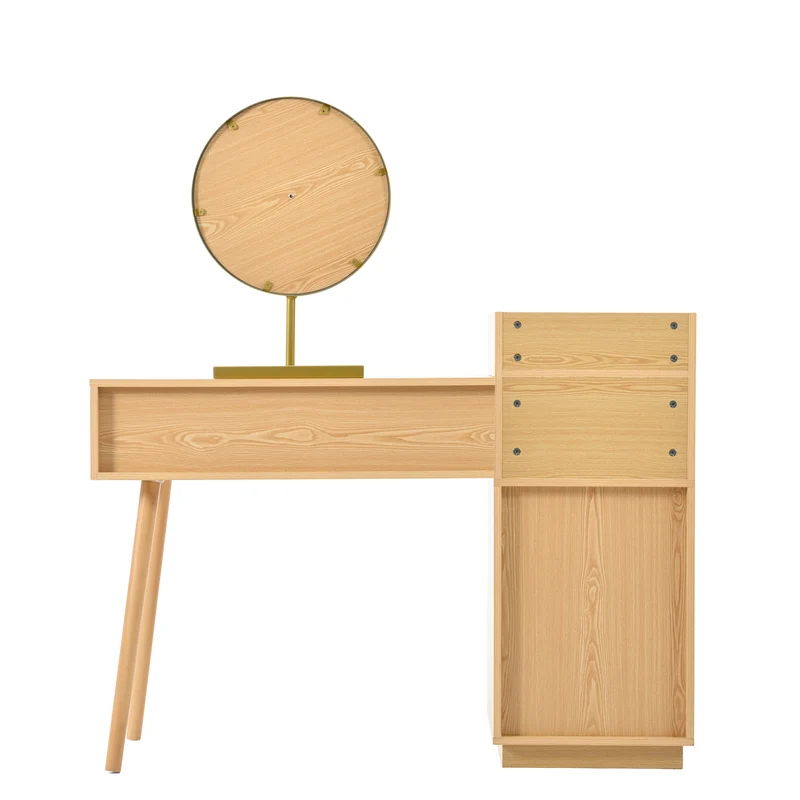 Coiffeuse moderne effet bois avec un miroir LED d'éclairage, 3 tiroirs et une armoire latérale (sans tabouret) IMMUNE