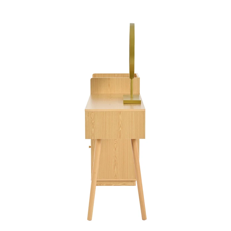 Coiffeuse moderne effet bois avec un miroir LED d'éclairage, 3 tiroirs et une armoire latérale (sans tabouret) IMMUNE