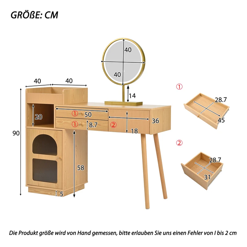 Coiffeuse moderne effet bois avec un miroir LED d'éclairage, 3 tiroirs et une armoire latérale (sans tabouret) IMMUNE
