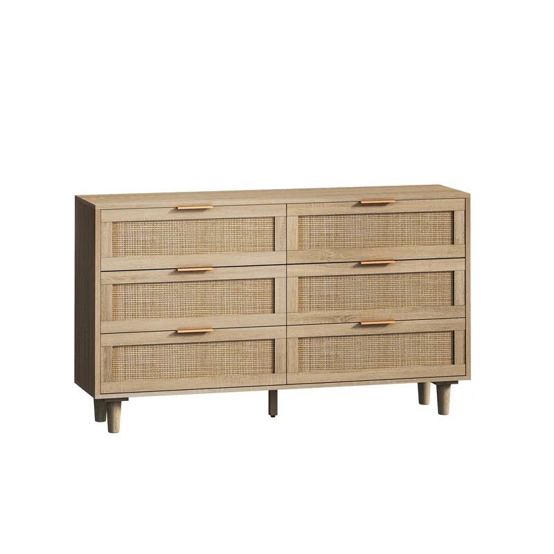 Buffet élégant effet bois 6 tiroirs avec rotin PHOTTU 130 WOOD