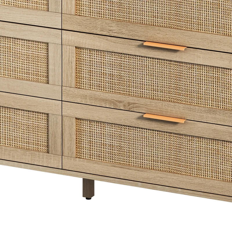 Buffet élégant effet bois 6 tiroirs avec rotin PHOTTU 130 WOOD