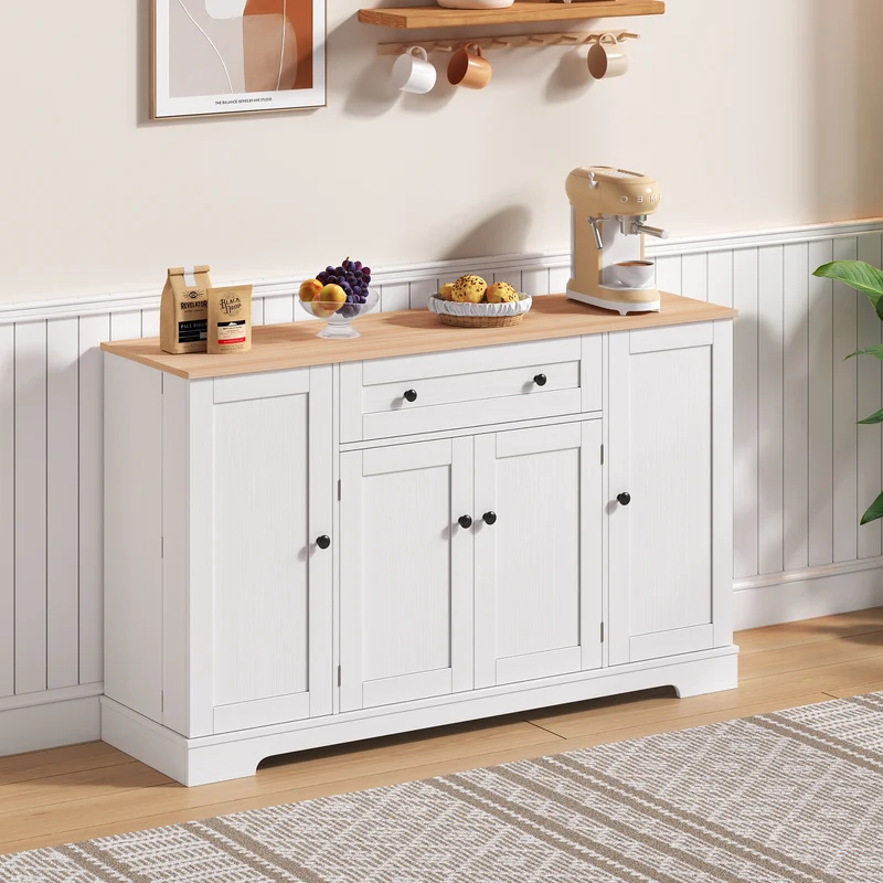 Buffet de cuisine blanc et effet bois 1 tiroir et 4 portes, étagères réglables LIGNIN