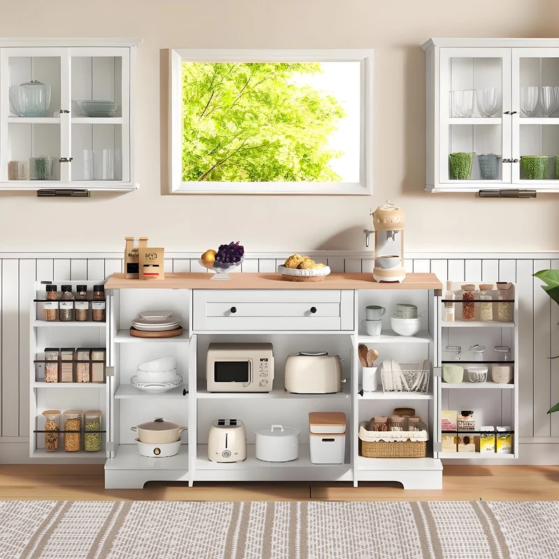 Buffet de cuisine blanc et effet bois 1 tiroir et 4 portes, étagères réglables LIGNIN
