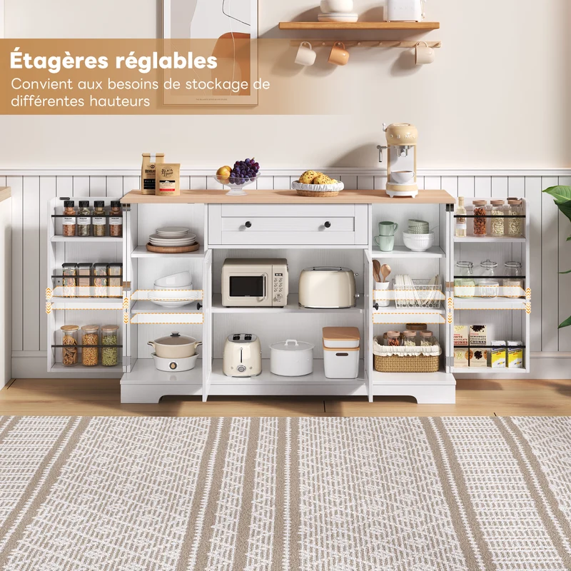 Buffet de cuisine blanc et effet bois 1 tiroir et 4 portes, étagères réglables LIGNIN