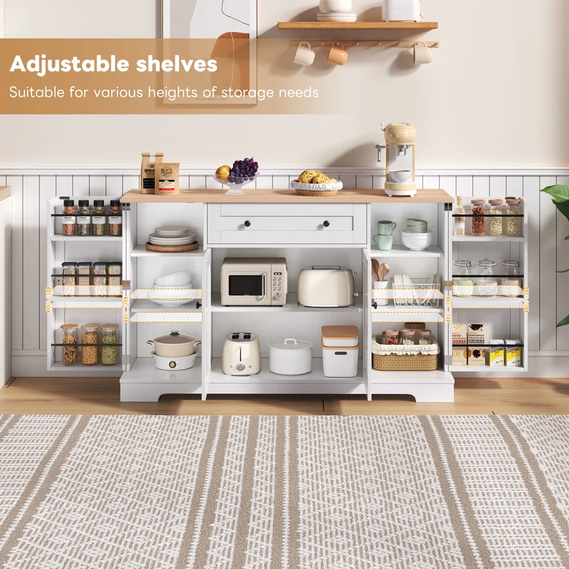 Buffet de cuisine blanc et effet bois 1 tiroir et 4 portes, étagères réglables LIGNIN