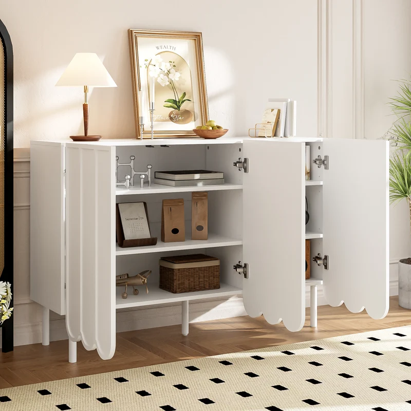 Buffet blanc moderne avec 3 portes ondulées et étagères réglables ROYALJEL