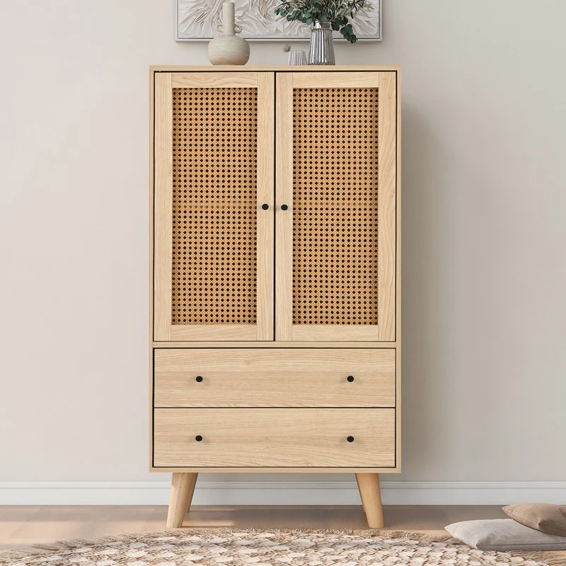 Buffet effet bois portes et 2 tiroirs en rotin, pieds en bois massif FENMUCK