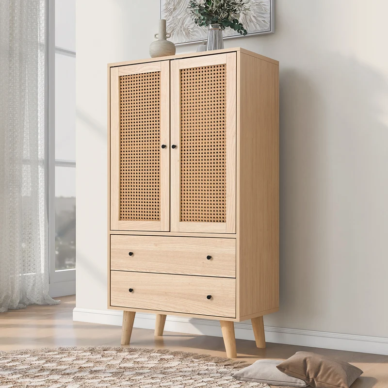 Buffet effet bois portes et 2 tiroirs en rotin, pieds en bois massif FENMUCK