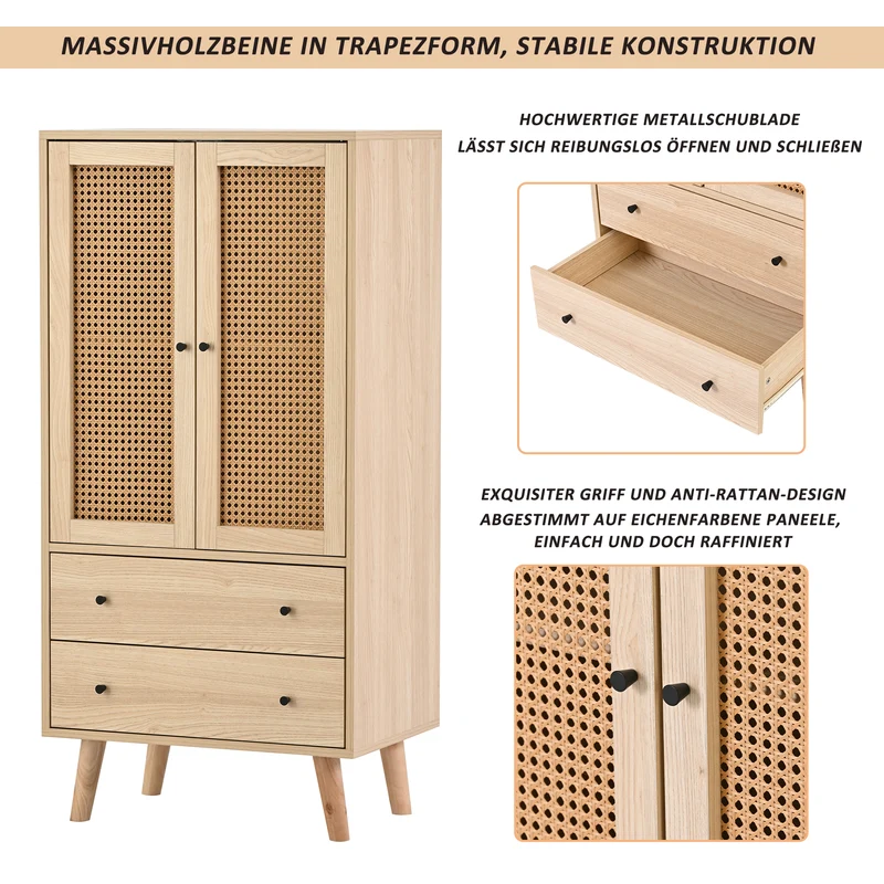 Buffet effet bois portes et 2 tiroirs en rotin, pieds en bois massif FENMUCK