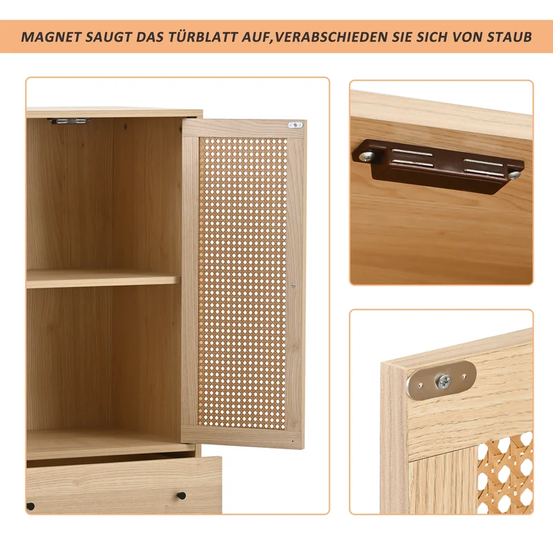 Buffet effet bois portes et 2 tiroirs en rotin, pieds en bois massif FENMUCK