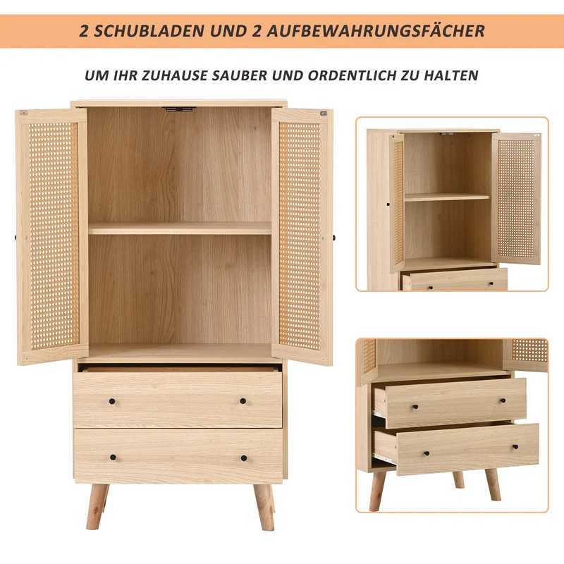 Buffet effet bois portes et 2 tiroirs en rotin, pieds en bois massif FENMUCK