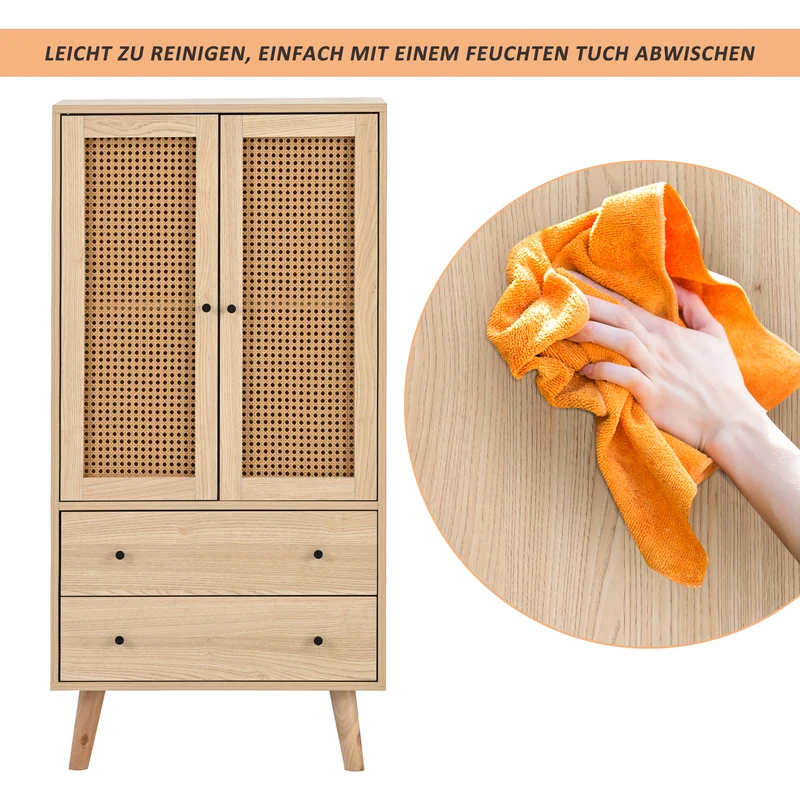 Buffet effet bois portes et 2 tiroirs en rotin, pieds en bois massif FENMUCK