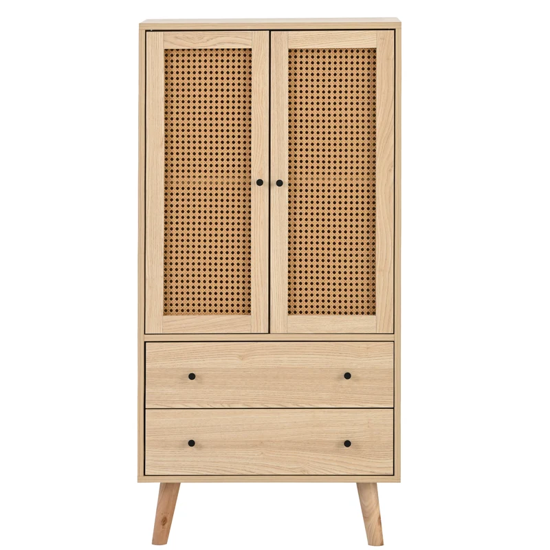 Buffet effet bois portes et 2 tiroirs en rotin, pieds en bois massif FENMUCK