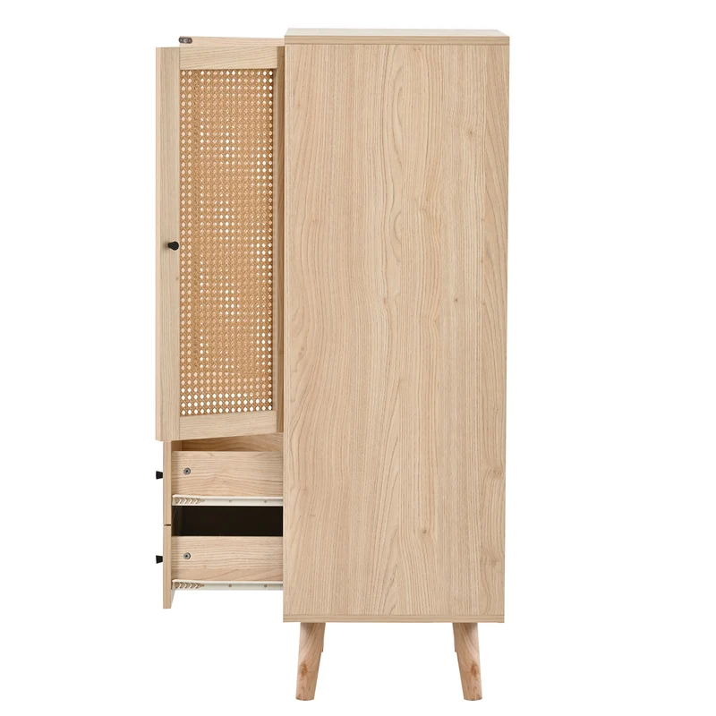Buffet effet bois portes et 2 tiroirs en rotin, pieds en bois massif FENMUCK