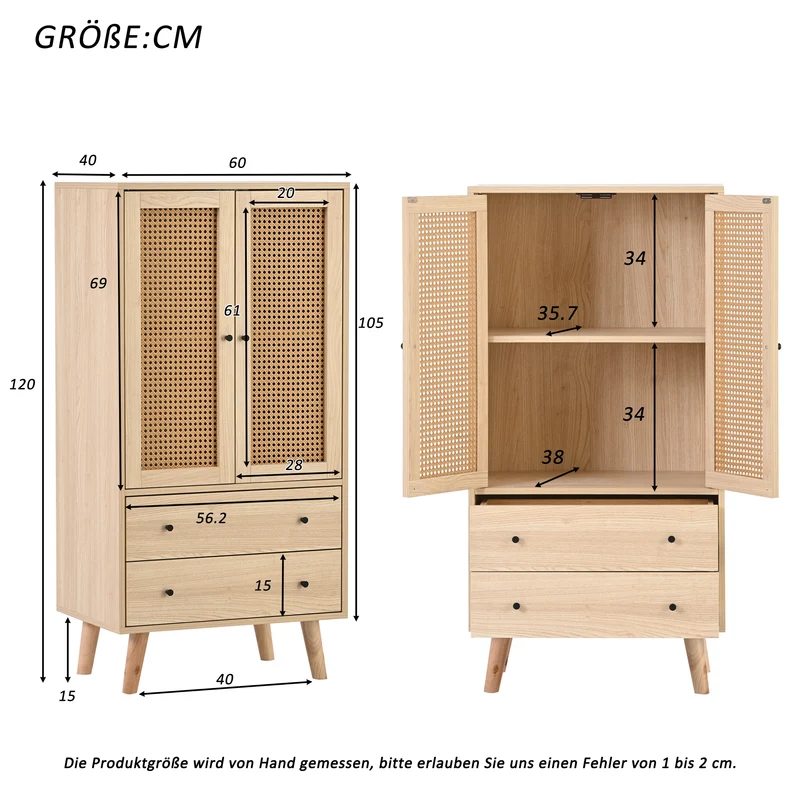 Buffet effet bois portes et 2 tiroirs en rotin, pieds en bois massif FENMUCK