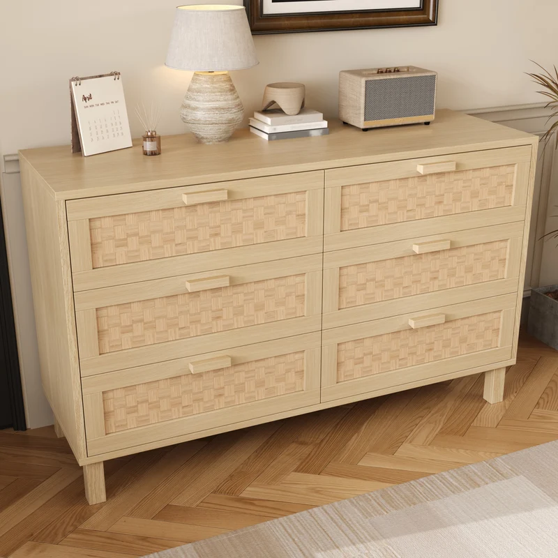 Buffet effet bois naturel 6 tiroirs en rotin FERNVALE