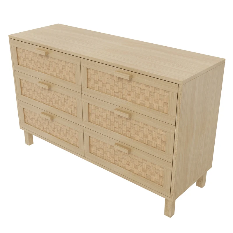 Buffet effet bois naturel 6 tiroirs en rotin FERNVALE