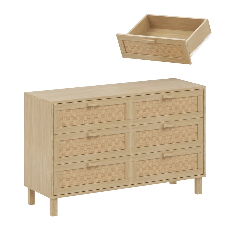 Buffet effet bois naturel 6 tiroirs en rotin FERNVALE