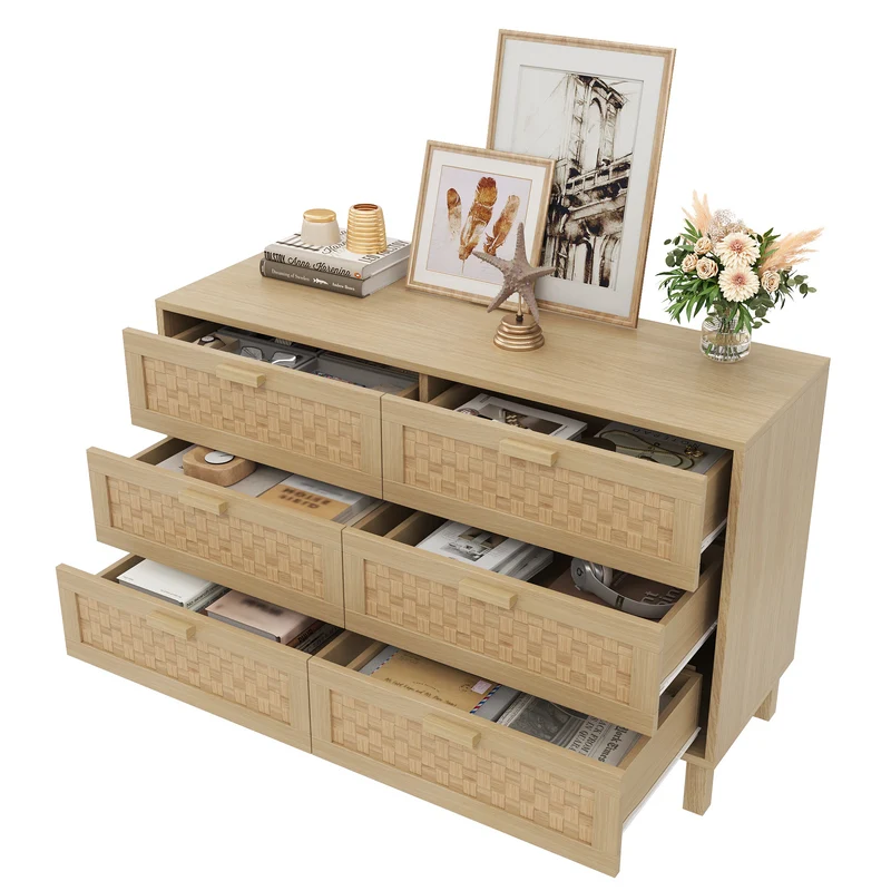 Buffet effet bois naturel 6 tiroirs en rotin FERNVALE