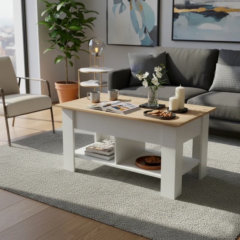 Table basse avec plateau relevable effet bois et blanc 96*50 ELOT WHITE OAK 96