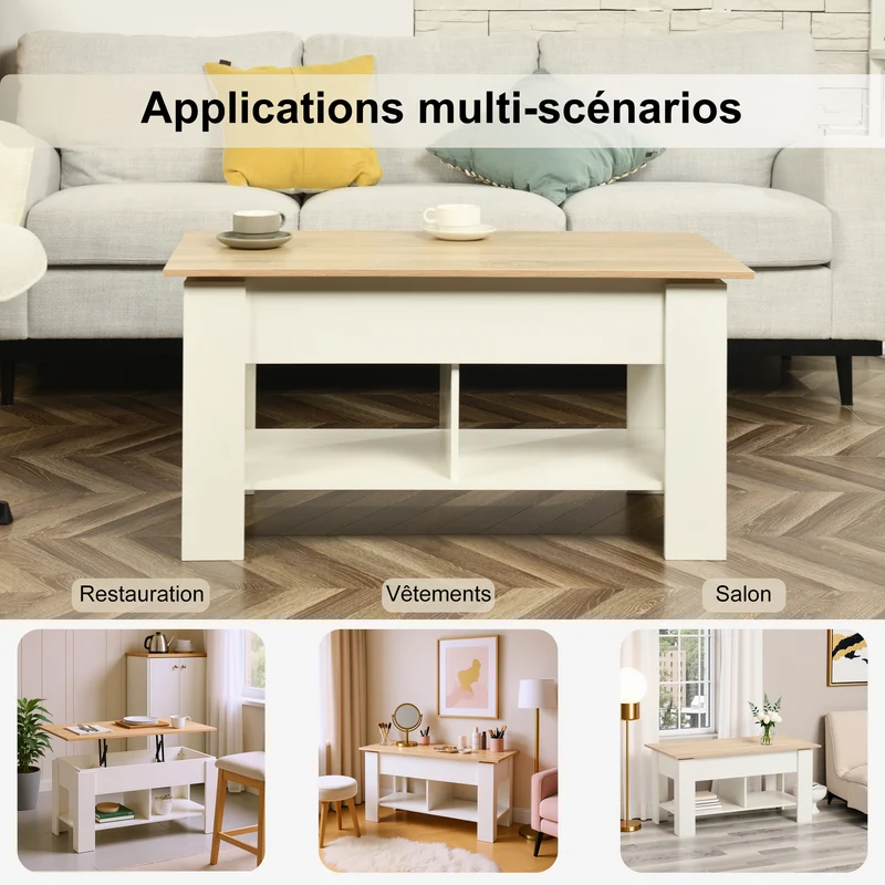 Table basse avec plateau relevable effet bois et blanc 96*50 ELOT WHITE OAK 96