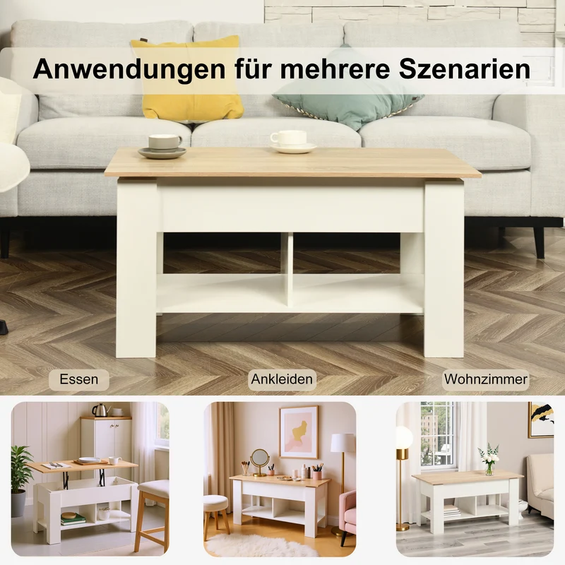 Table basse avec plateau relevable effet bois et blanc 96*50 ELOT WHITE OAK 96