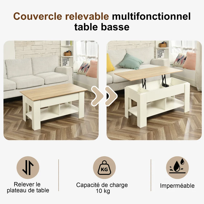 Table basse avec plateau relevable effet bois et blanc 96*50 ELOT WHITE OAK 96