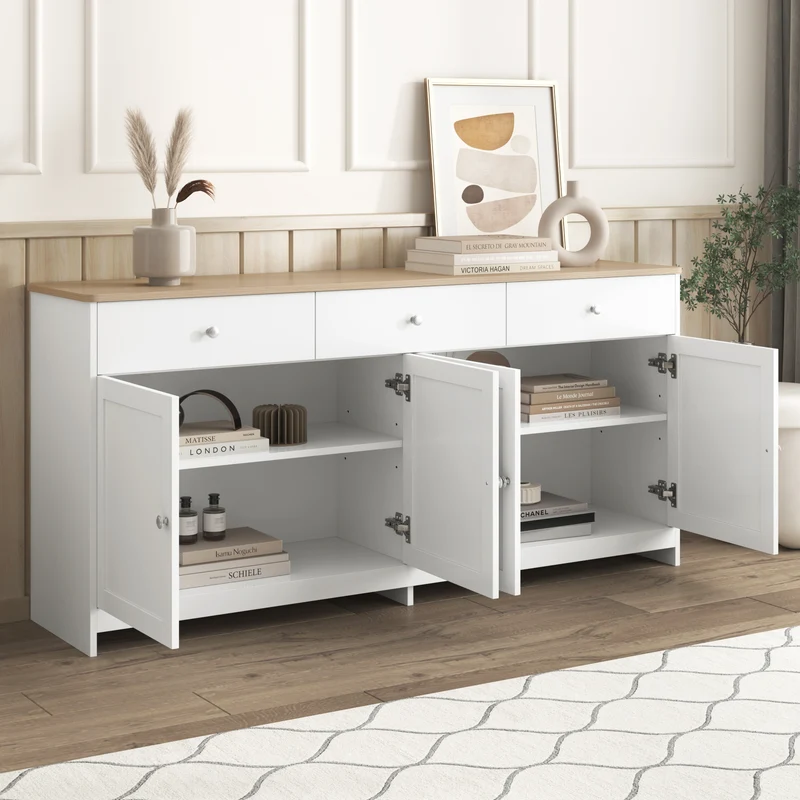 Buffet blanc et effet bois 4 portes 3 tiroirs 160*37*75cm STAANKIL