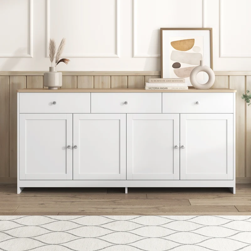 Buffet blanc et effet bois 4 portes 3 tiroirs 160*37*75cm STAANKIL