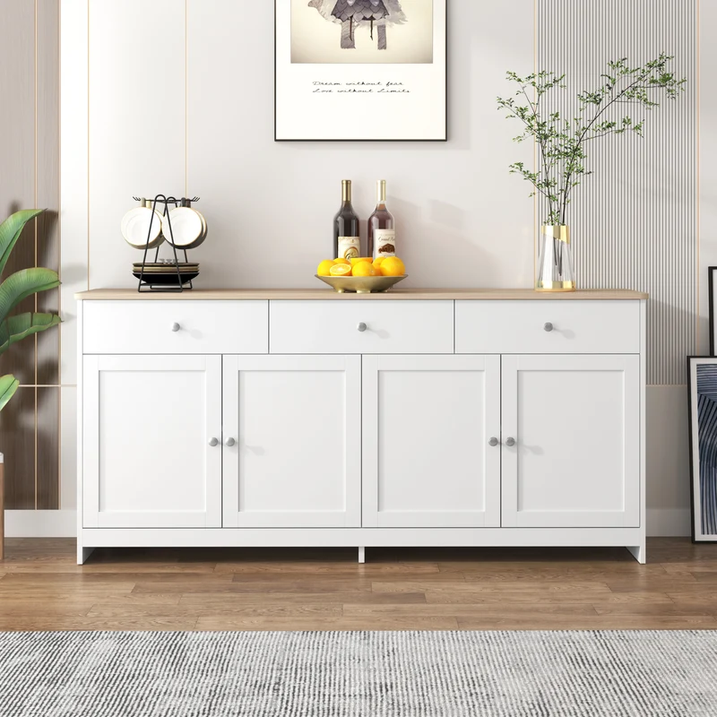 Buffet blanc et effet bois 4 portes 3 tiroirs 160*37*75cm STAANKIL