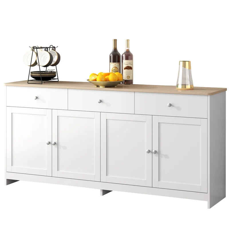 Buffet blanc et effet bois 4 portes 3 tiroirs 160*37*75cm STAANKIL