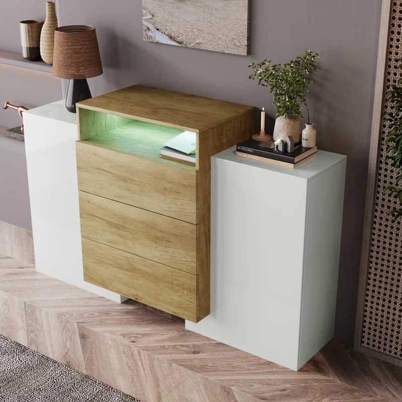 Buffet moderne blanc brillant et effet bois 2 portes, niche, 3 tiroirs avec éclairage LED VRASUK