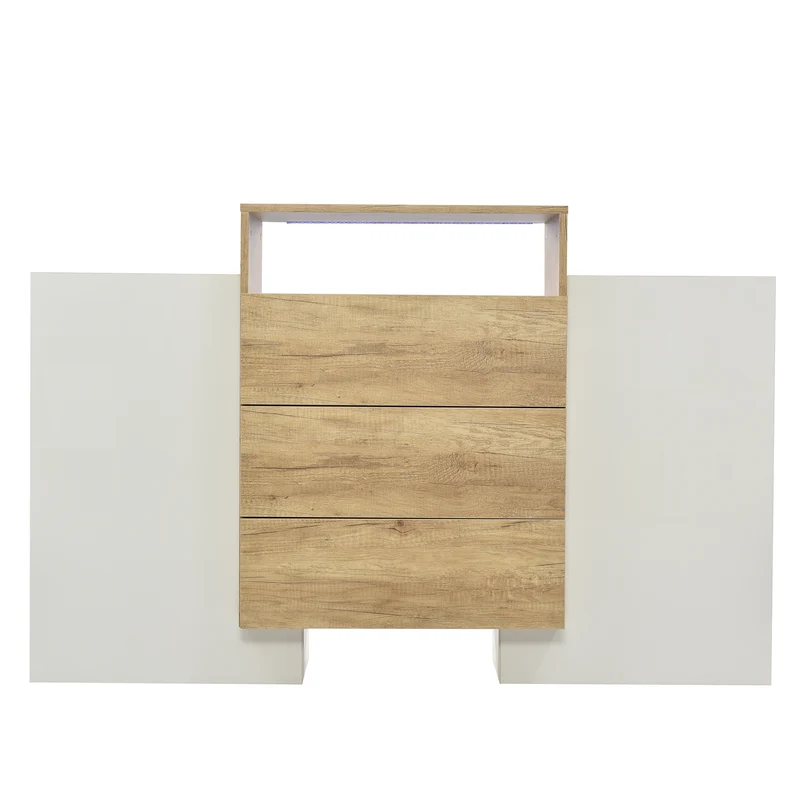 Buffet moderne blanc brillant et effet bois 2 portes, niche, 3 tiroirs avec éclairage LED VRASUK