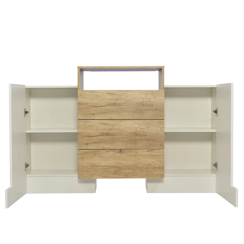Buffet moderne blanc brillant et effet bois 2 portes, niche, 3 tiroirs avec éclairage LED VRASUK