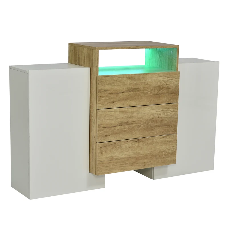 Buffet moderne blanc brillant et effet bois 2 portes, niche, 3 tiroirs avec éclairage LED VRASUK