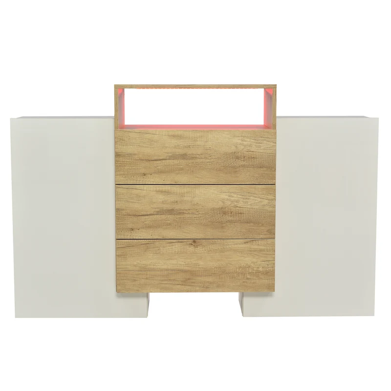Buffet moderne blanc brillant et effet bois 2 portes, niche, 3 tiroirs avec éclairage LED VRASUK