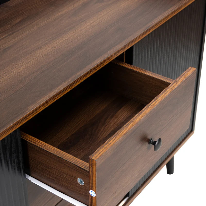 Buffet élégant vintage effet bois noyer et noir avec 2 portes coulissantes VEKAID BLACK