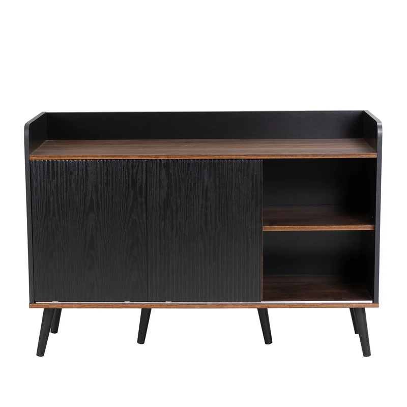 Buffet élégant vintage effet bois noyer et noir avec 2 portes coulissantes VEKAID BLACK