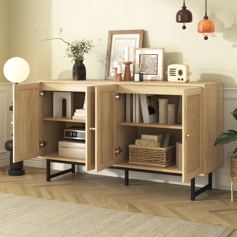 Buffet naturelle effet bois 4 portes en rotin 140*39*80cm STIQNOID