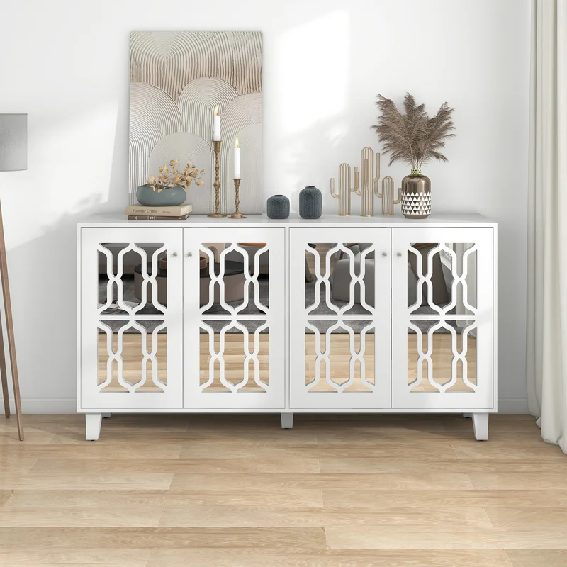 Buffet blanc design 4 portes miroir motif géométrique et poignées en cristal froid 160*40*84cm VOVRATH WHITE